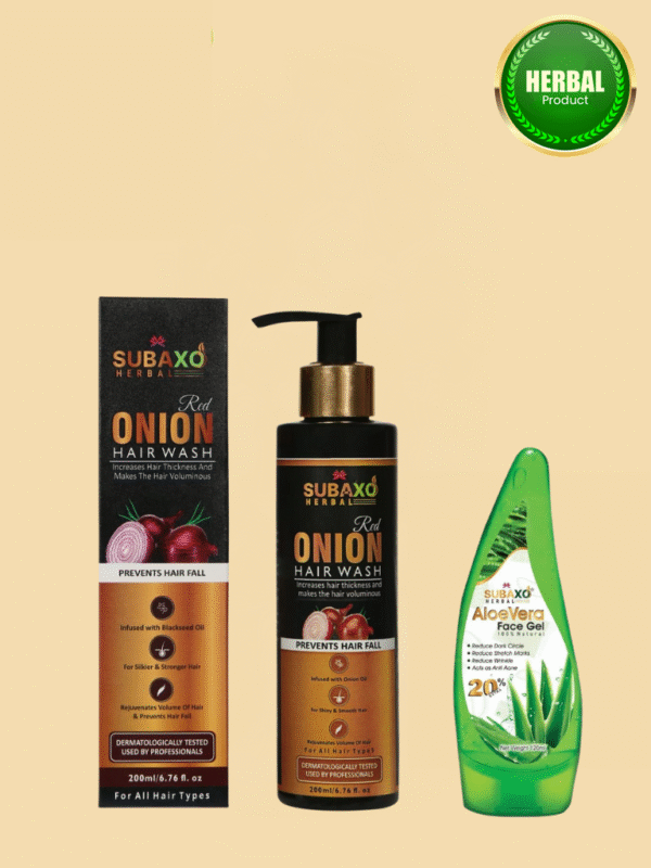 SUBAXO Red Onion Herbal Hair Wash (200ml) and SUBAXO Aloe Vera Herbal Face Gel |Reduce Dark Circle & Act As Anti Acne (120ml) Combo Pack