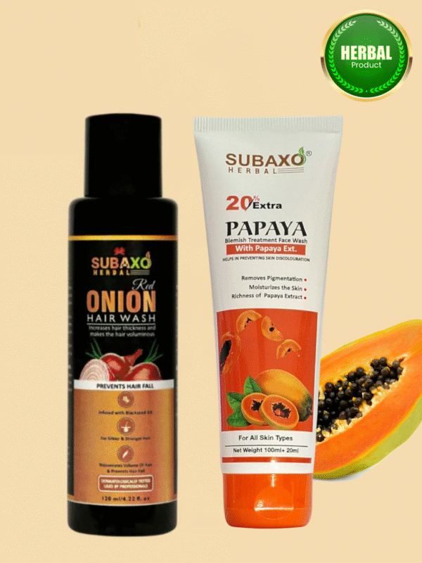 Subaxo Red Onion Herbal Hair Wash (120ml) and Papaya Herbal Face Wash| Remove Pigmentation & Moisturizes The Skin (120ml) combo