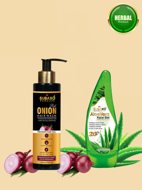 Subaxo Red Onion Herbal Hair Wash (200ml) and SUBAXO Aloe Vera Herbal Face Gel |Reduce Dark Circle & Act As Anti Acne (120ml) Combo Pack